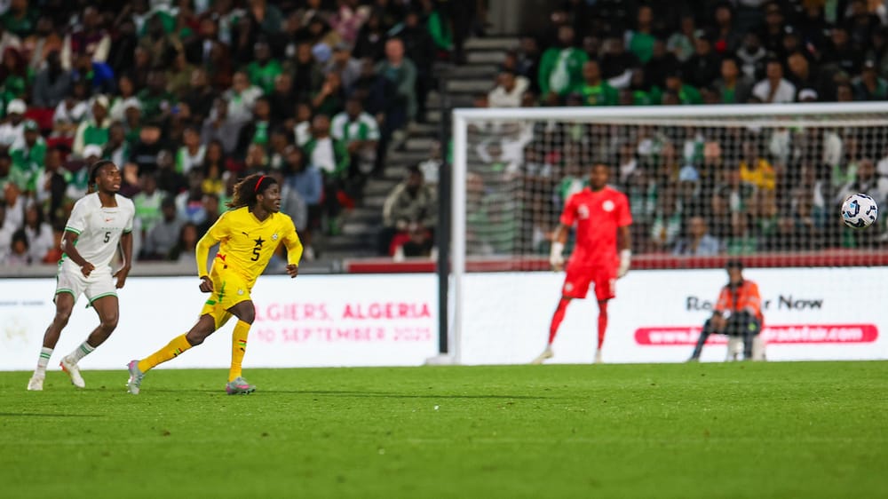 Nigeria defender Igoh Ogbu (5) and Ghana midfielder Caleb Yirenkyi during the Unity Cup London 2025 match between Ghana and Nigeria at Gtech Community Stadium, Brentford, England on 28 May 2025.