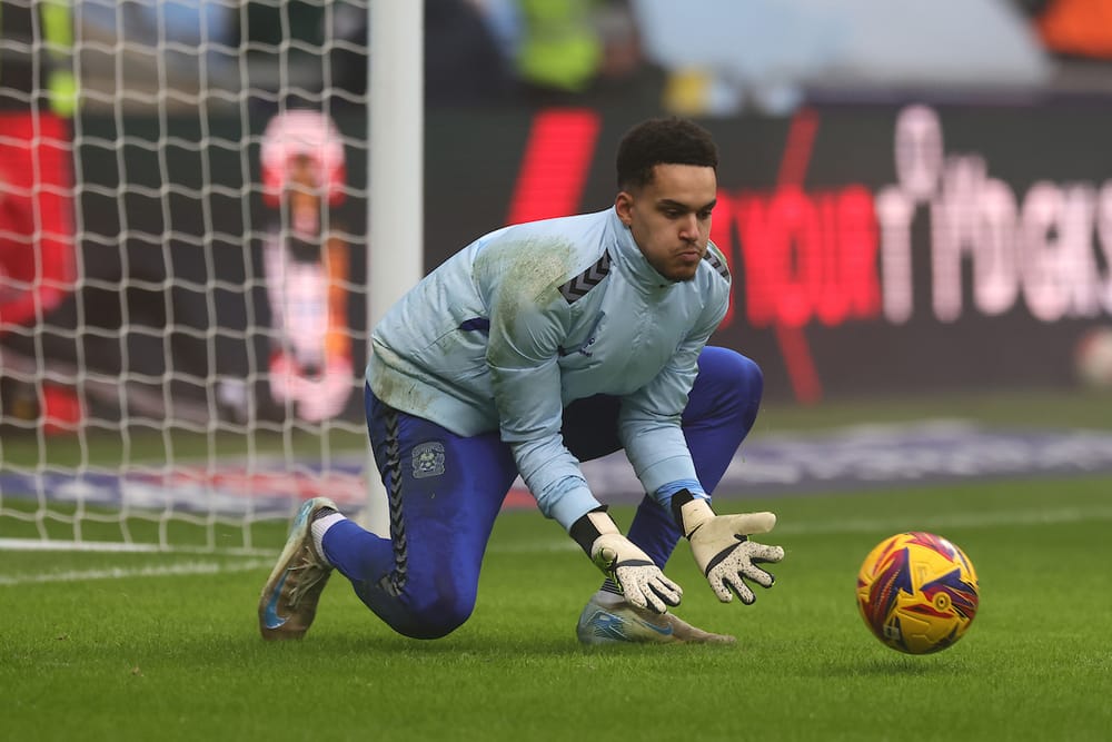 Coventry City goalkeeper Oliver Dovin (1) warms up before  the EFL Sky Bet Championship match between Coventry City and Plymouth Argyle at the Coventry Building Society Arena, Coventry, England on 26 December 2024.