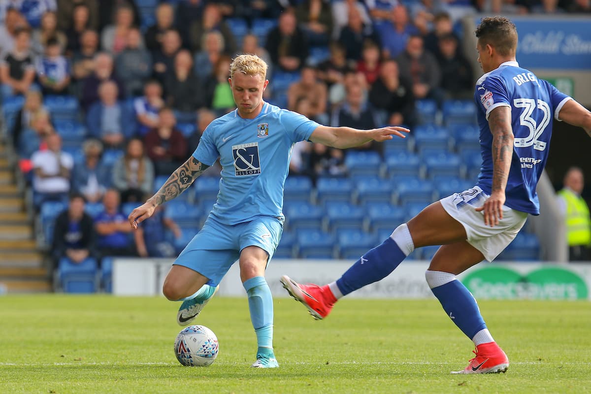 Coventry City defender Jack Grimmer clears the ball during the EFL Sky Bet League 2 match between Chesterfield and Coventry City at the Proact stadium, Chesterfield, England on 2 September 2017. Photo by Aaron  Lupton.