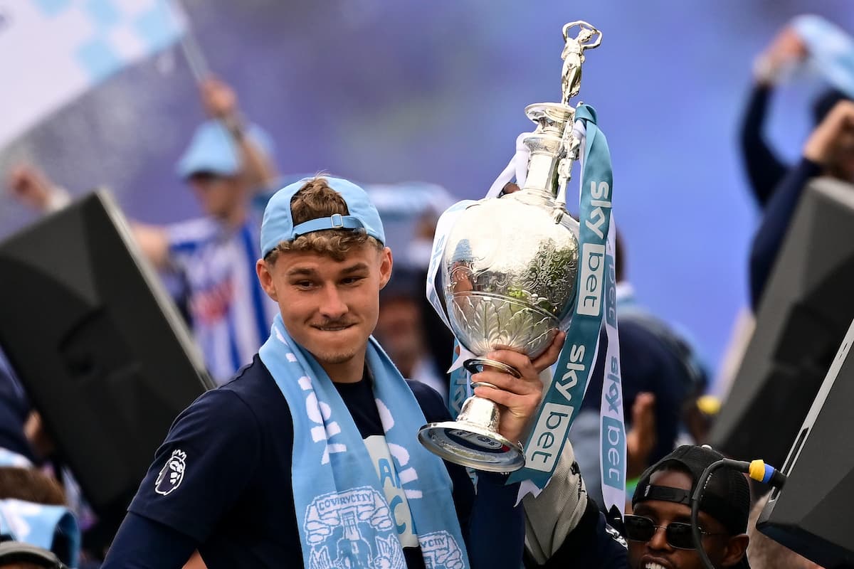 Coventry City goalkeeper (on loan from Brighton and Hove Albion) Carl Rushworth (19) holding the Championship trophy during the Promotion Parade for Coventry City at the Coventry Building Society Arena, Coventry, UK on 4 May 2026.