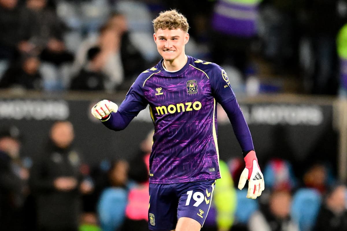 Coventry City goalkeeper (on loan from Brighton and Hove Albion) Carl Rushworth (19) celebrates an assist for Coventry City forward Haji Wright (11)  goal during the EFL Sky Bet Championship match between Coventry City and Middlesbrough at the Coventry Building Society Arena, Coventry, UK on 16 February 2026.