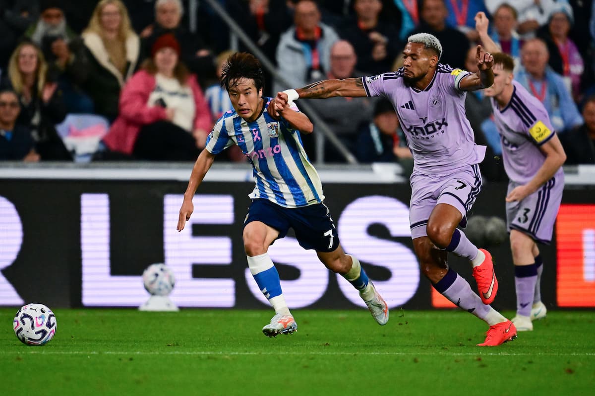 Newcastle United midfielder Joelinton (7) gets to grips with Coventry City midfielder Tatsuhiro Sakamoto (7)  during the Premier League match between Coventry City and Newcastle United at the Coventry Building Society Arena, Coventry, UK on 12 October 2026.