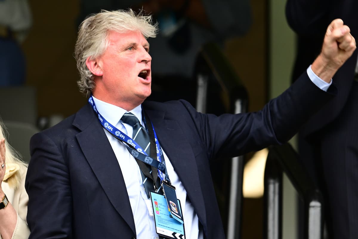 Coventry City chairman Doug King punches the air in celebration after his purchase of the CBS arena during the EFL Sky Bet Championship match between Coventry City and Queens Park Rangers at the Coventry Building Society Arena, Coventry, England on 23 August 2025.