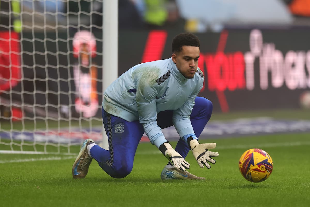 Coventry City goalkeeper Oliver Dovin (1) warms up before  the EFL Sky Bet Championship match between Coventry City and Plymouth Argyle at the Coventry Building Society Arena, Coventry, England on 26 December 2024.