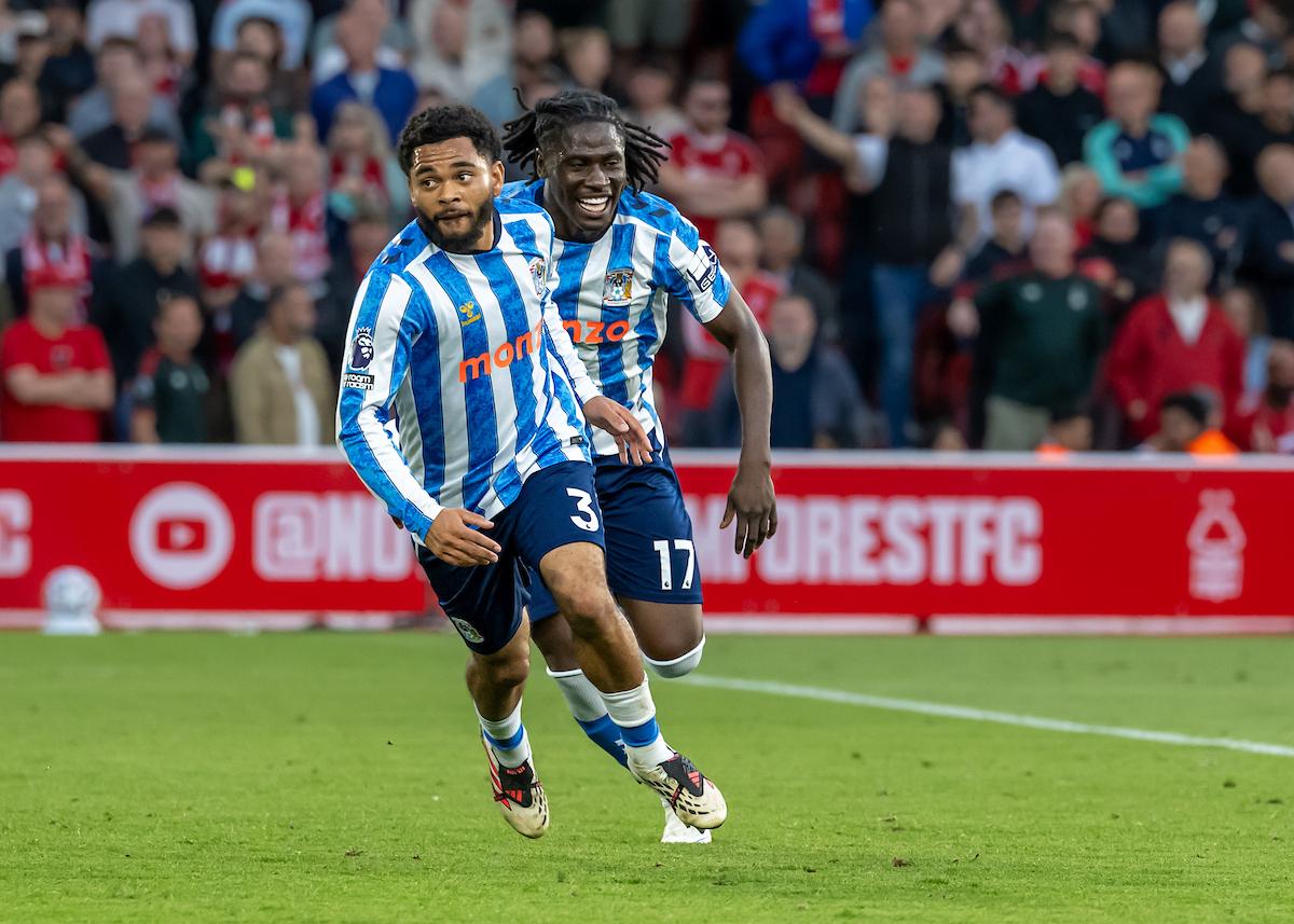 Jay Dasilva and Loum Tchaouna celebrate scoring for Coventry in the second half of the Premier League match between Nottingham Forest and Coventry City at the City Ground, Nottingham, UK on 19 September 2026.