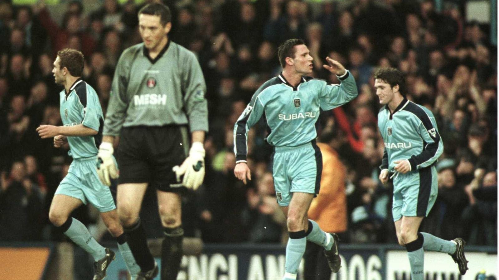 G9AHFH Soccer - AXA FA Cup - Fifth Round - Coventry City v Charlton Athletic. Coventry City's Cedric Roussel (c) celebrates with teammates