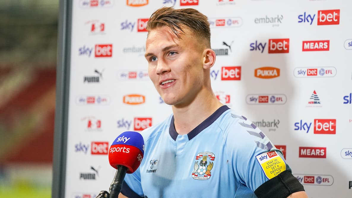 Coventry City defender Leo Ostigard (2) gestures and reacts whilst being interviewed after the match during the EFL Sky Bet Championship match between Rotherham United and Coventry City at the AESSEAL New York Stadium, Rotherham, England on 15 April 2021.