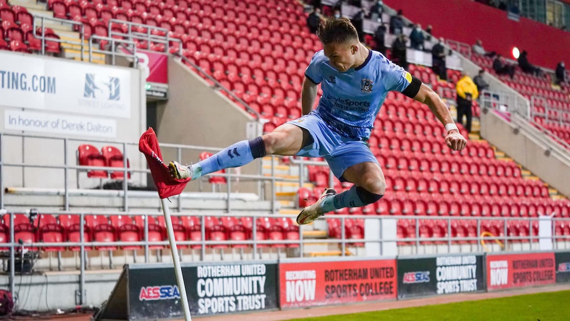 GOAL 0-1. Coventry City defender Leo Ostigard (2) scores a goal and celebrates to make the score 0-1 during the EFL Sky Bet Championship match between Rotherham United and Coventry City at the AESSEAL New York Stadium, Rotherham, England on 15 April 2021.